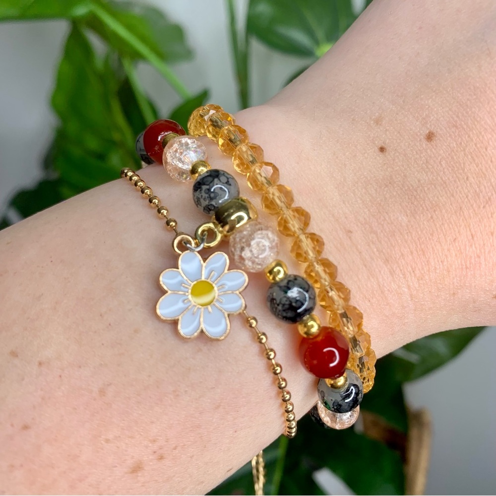 3 X $30 | Flower Brown & Gold Charm Beaded Bracelet Stack Set of 3 Gift Bundle